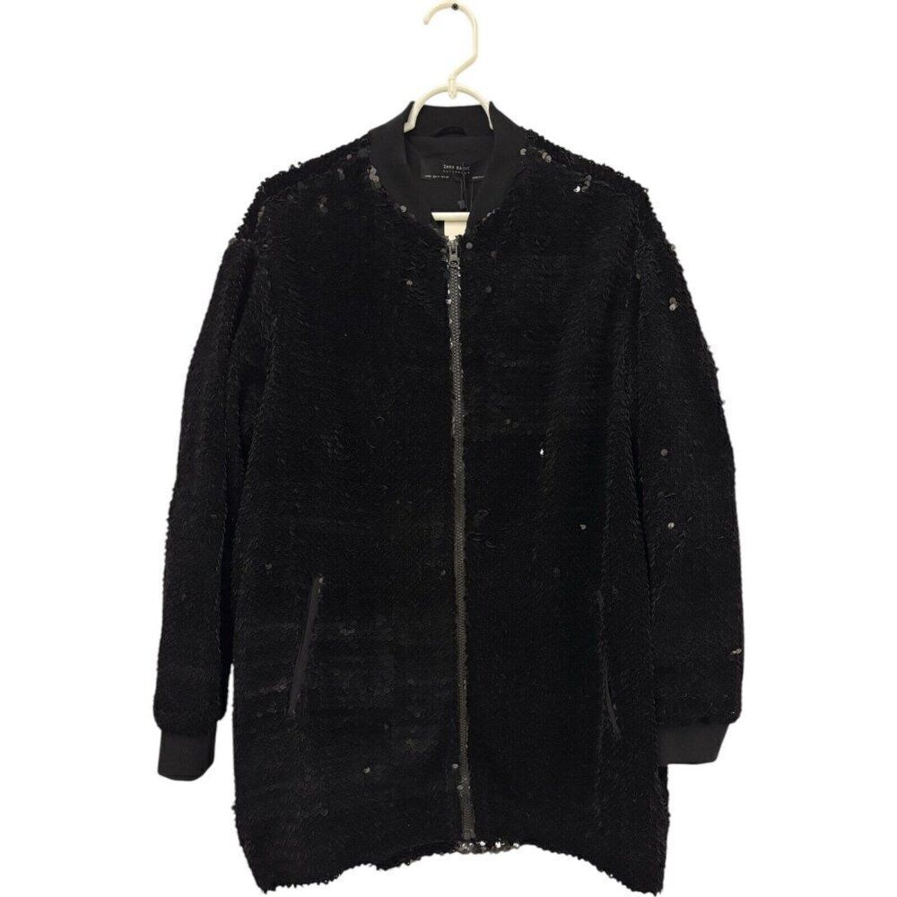 Zara Womens Bomber Jacket M L Black Velvet Sequin sequined Full Zip 0021/013 NWT